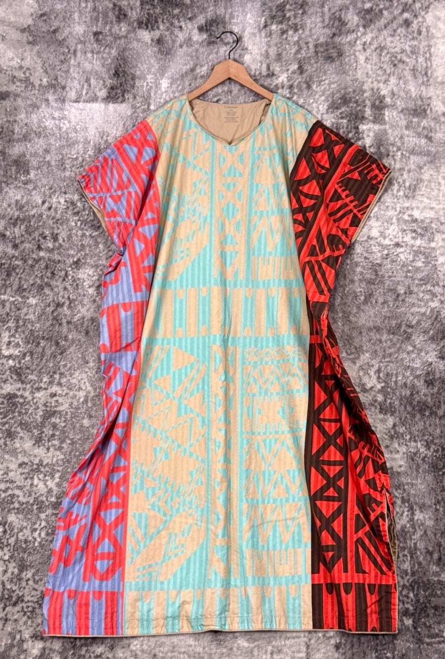 J Peterman Kaftan Dress L / XL Womens Tribal Print Poplin Pullover Maxi